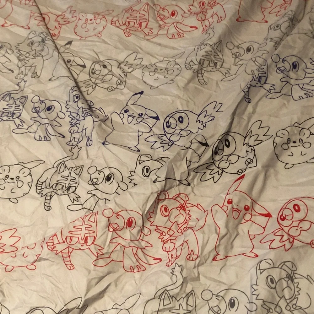 Pokemon Character Print Twin/Full Sheet - Red & Blue Line Art on White